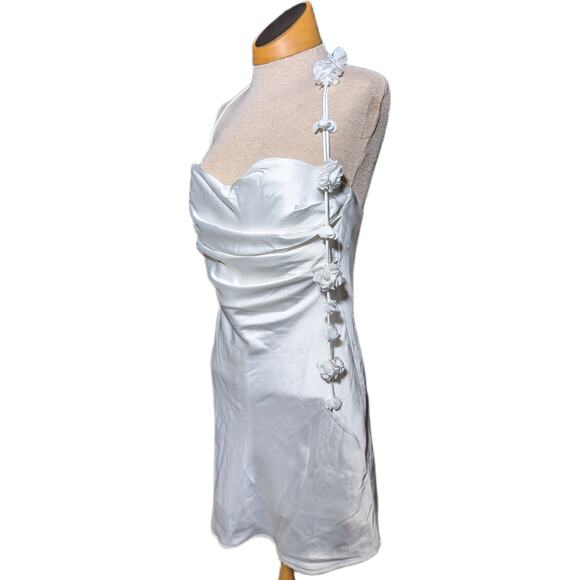 Meshki Otillie White Satin Rose Flower Strap Draped Neck Reception Mini Dress M - Picture 1 of 8